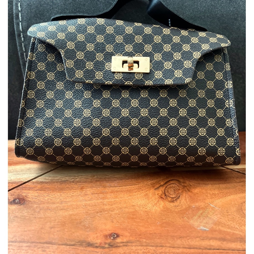 Satchel Top Handle Bag Brown Geometric Print Gold Hardware Elegant‎
